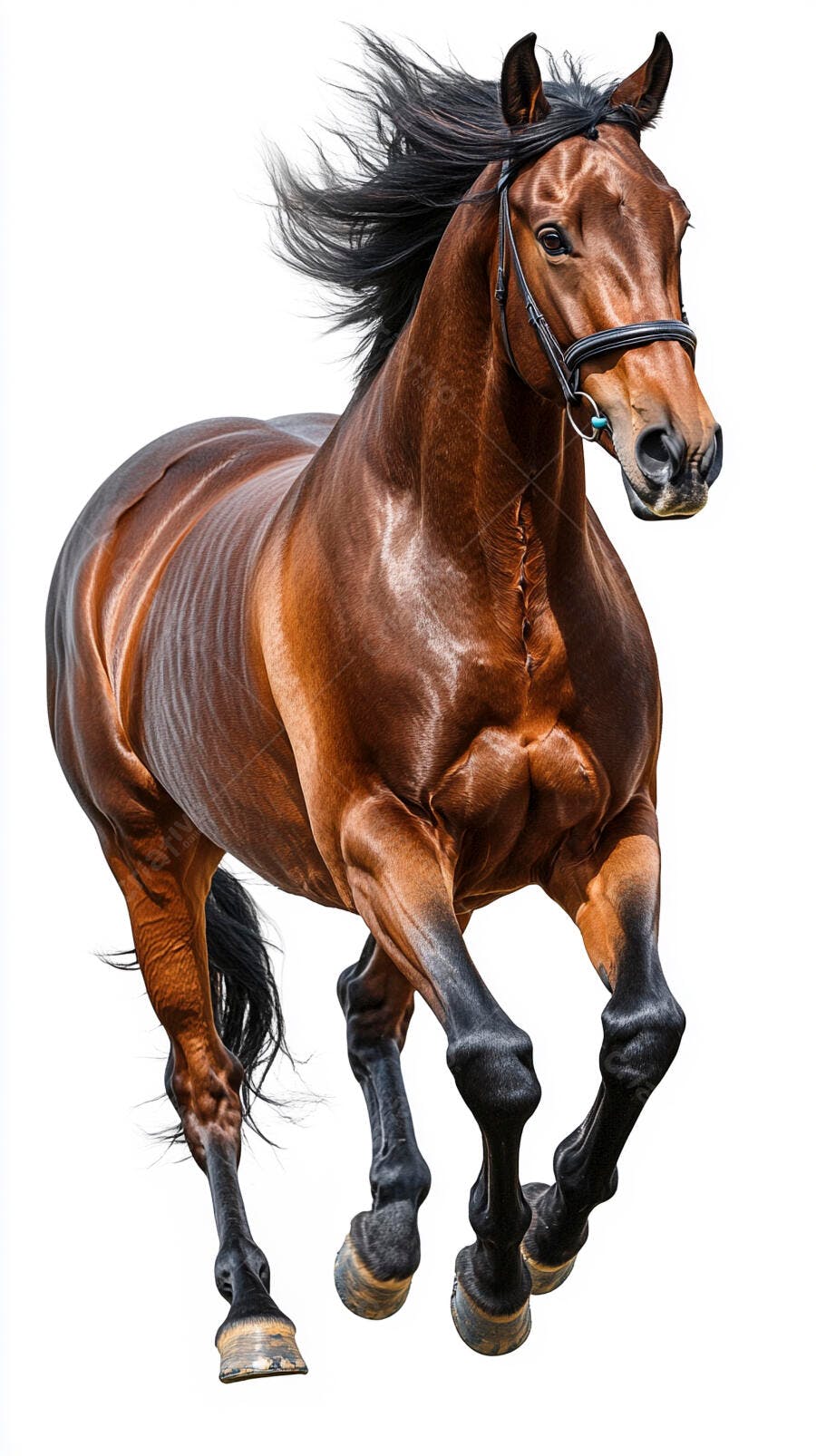 Cavalo marrom galopando com crina preta esvoaçante em fundo branco