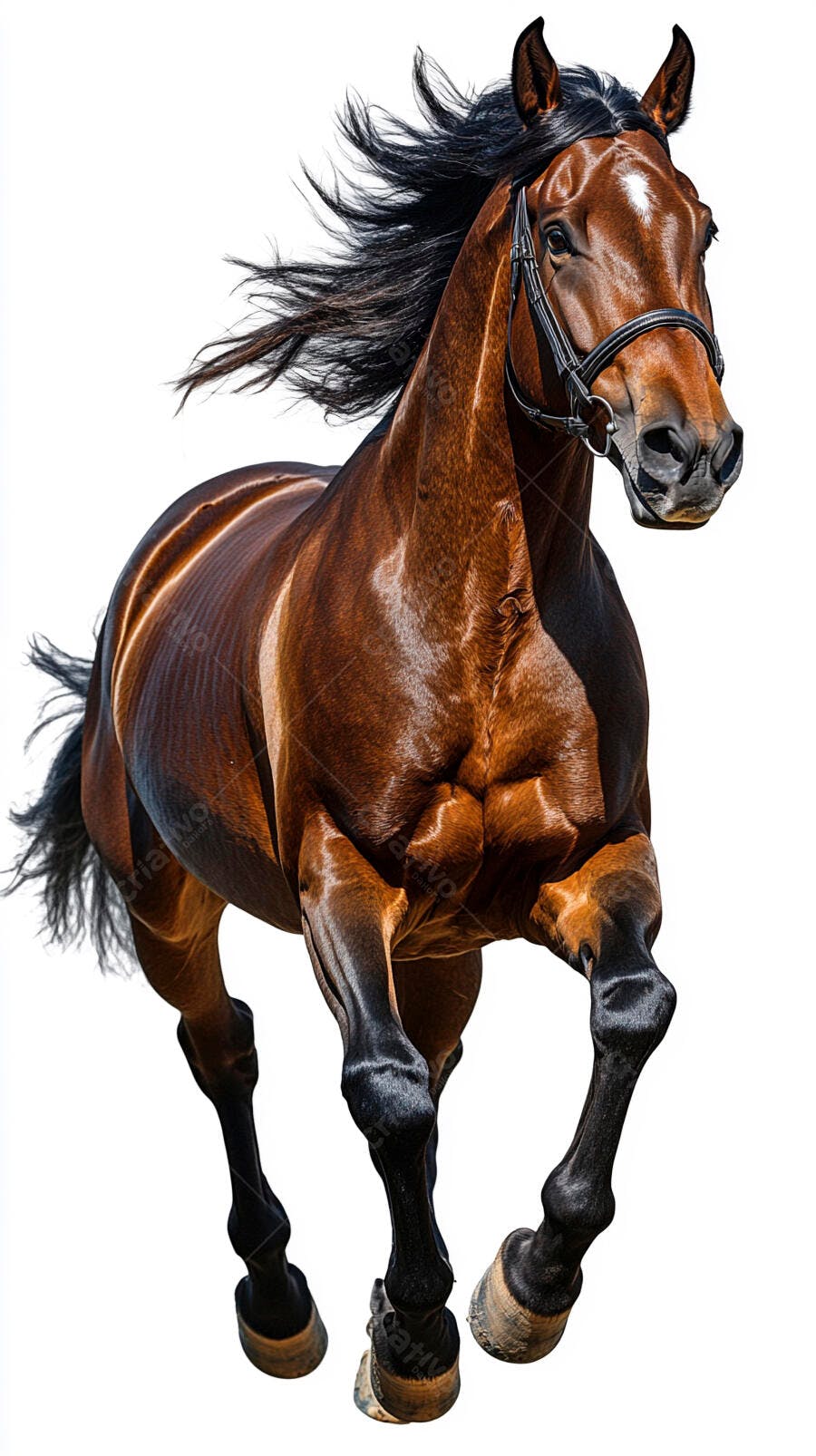 Cavalo marrom correndo com crina esvoaçante em fundo branco