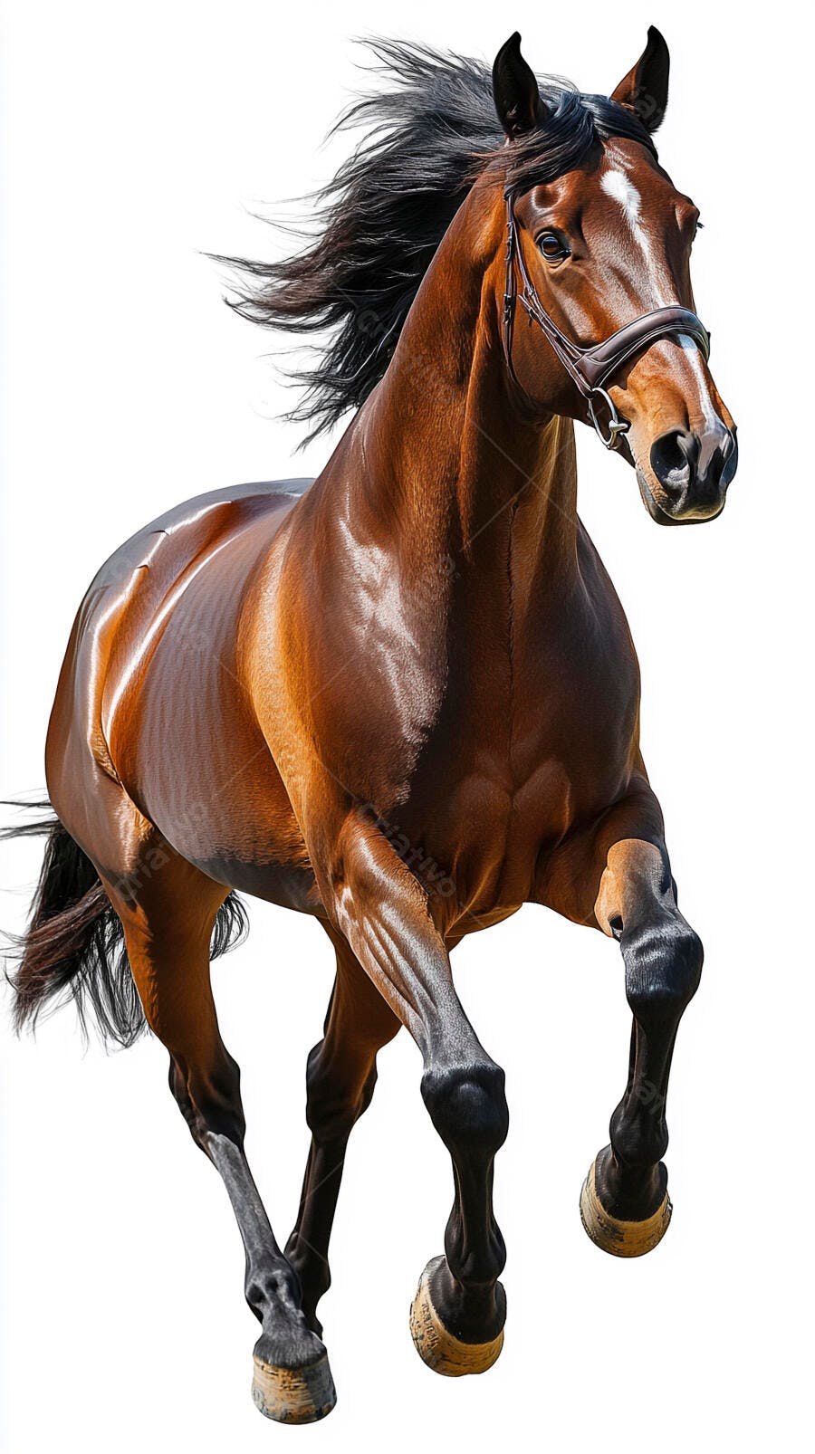 Cavalo baio marrom com crina escura galopando em fundo branco