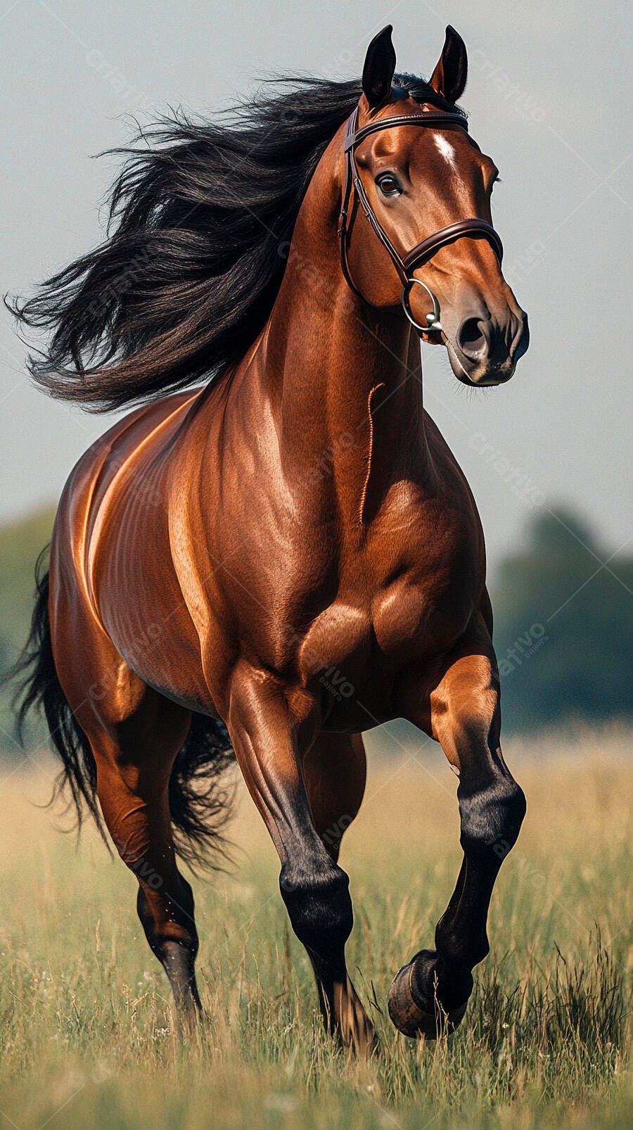 Cavalo marrom galopando majestoso em campo verde ensolarado