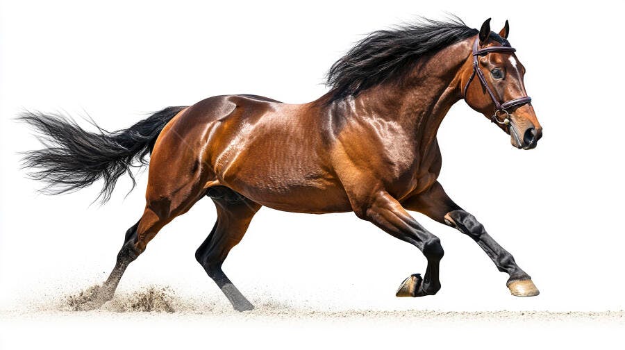 Cavalo baio galopando com crina esvoaçante em fundo branco