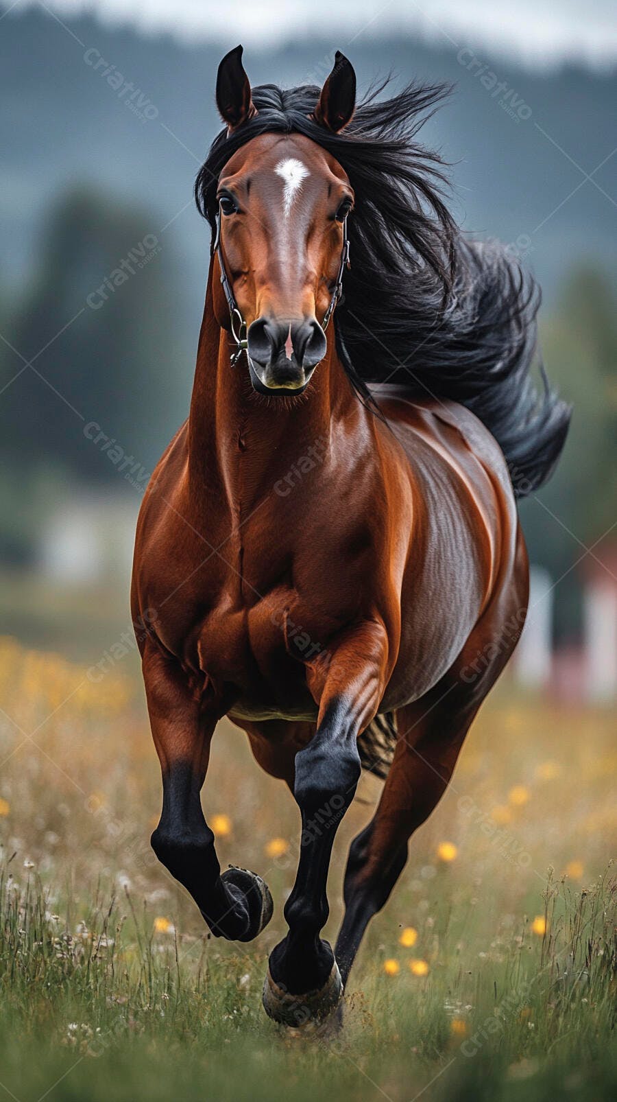 Cavalo marrom correndo em campo verde com flores amarelas