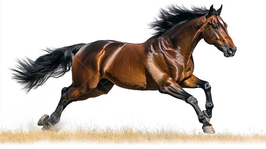 Cavalo marrom escuro galopando com crina ao vento em fundo branco