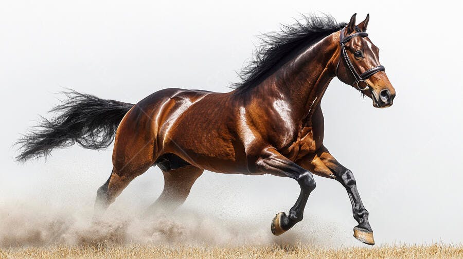 Cavalo marrom elegante galopando livre em campo aberto levantando poeira