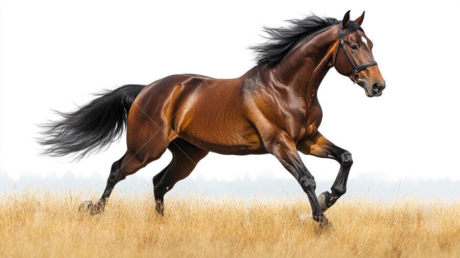 Cavalo marrom galopando em campo de grama seca com crina esvoaçante