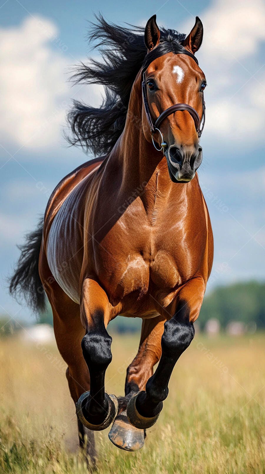 Cavalo castanho com crina esvoaçante galopando em campo aberto sob sol