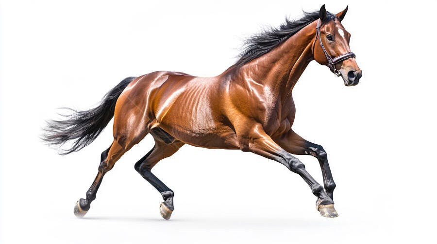 Cavalo de corrida baio marrom galopando com crina preta em fundo branco
