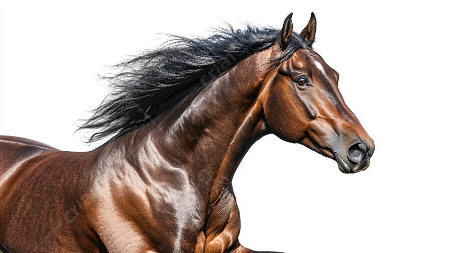 Cavalo marrom galopando com crina preta esvoaçante em fundo branco