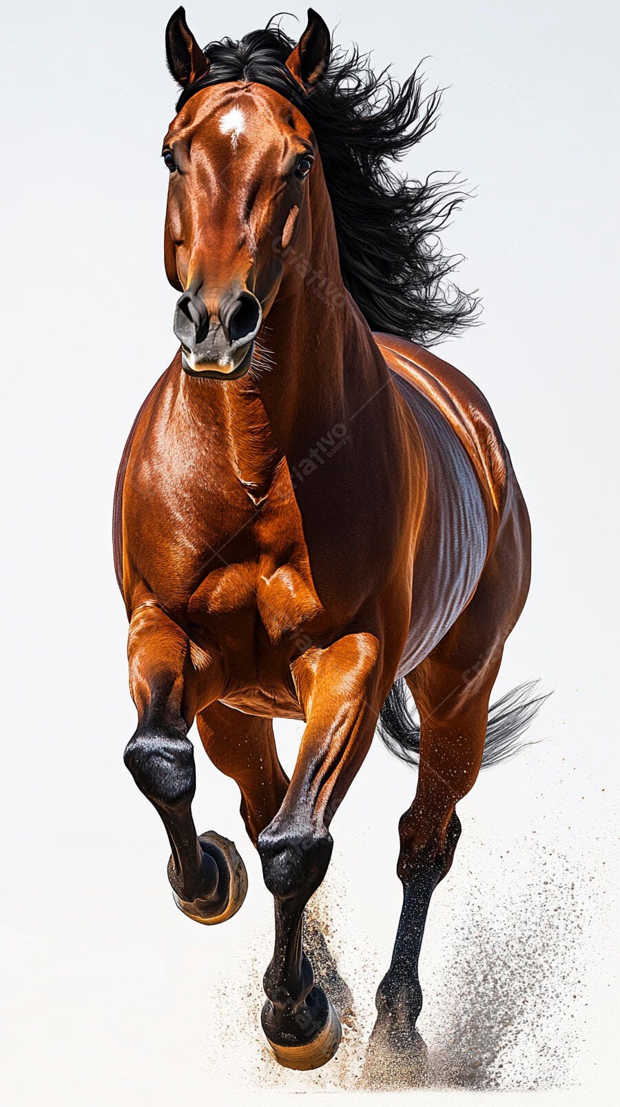 Cavalo marrom poderoso galopando com crina esvoaçante levantando areia