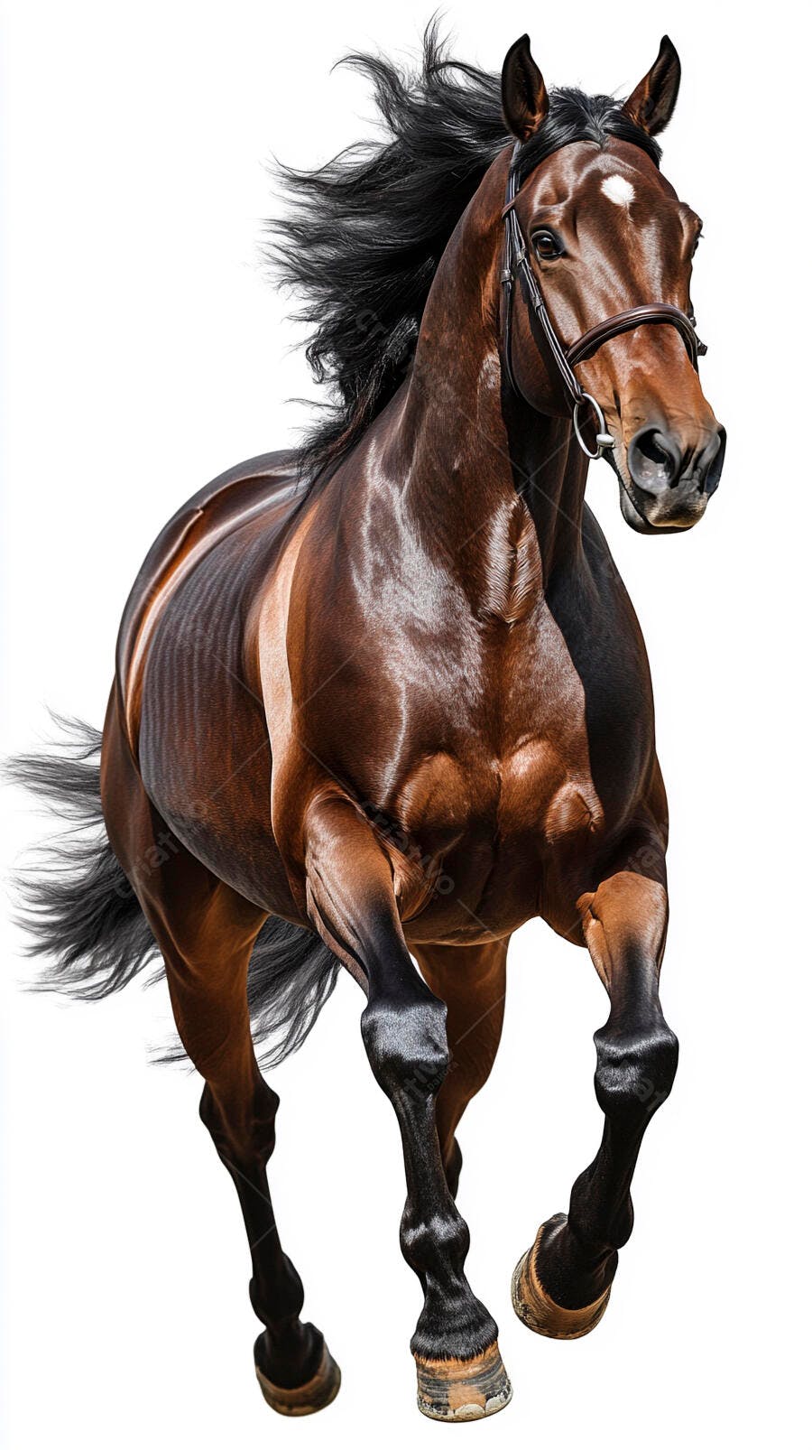 Cavalo marrom correndo com crina preta esvoaçante em fundo branco