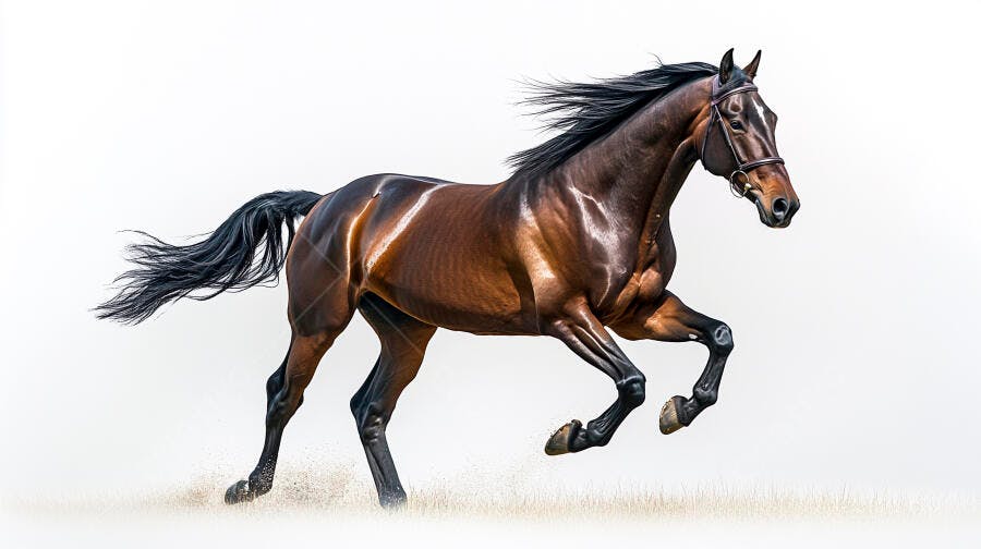 Cavalo castanho galopando com crina ao vento em campo aberto