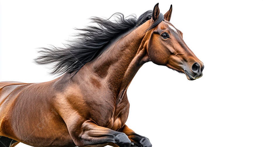 Cavalo baio correndo com crina esvoaçante em fundo branco