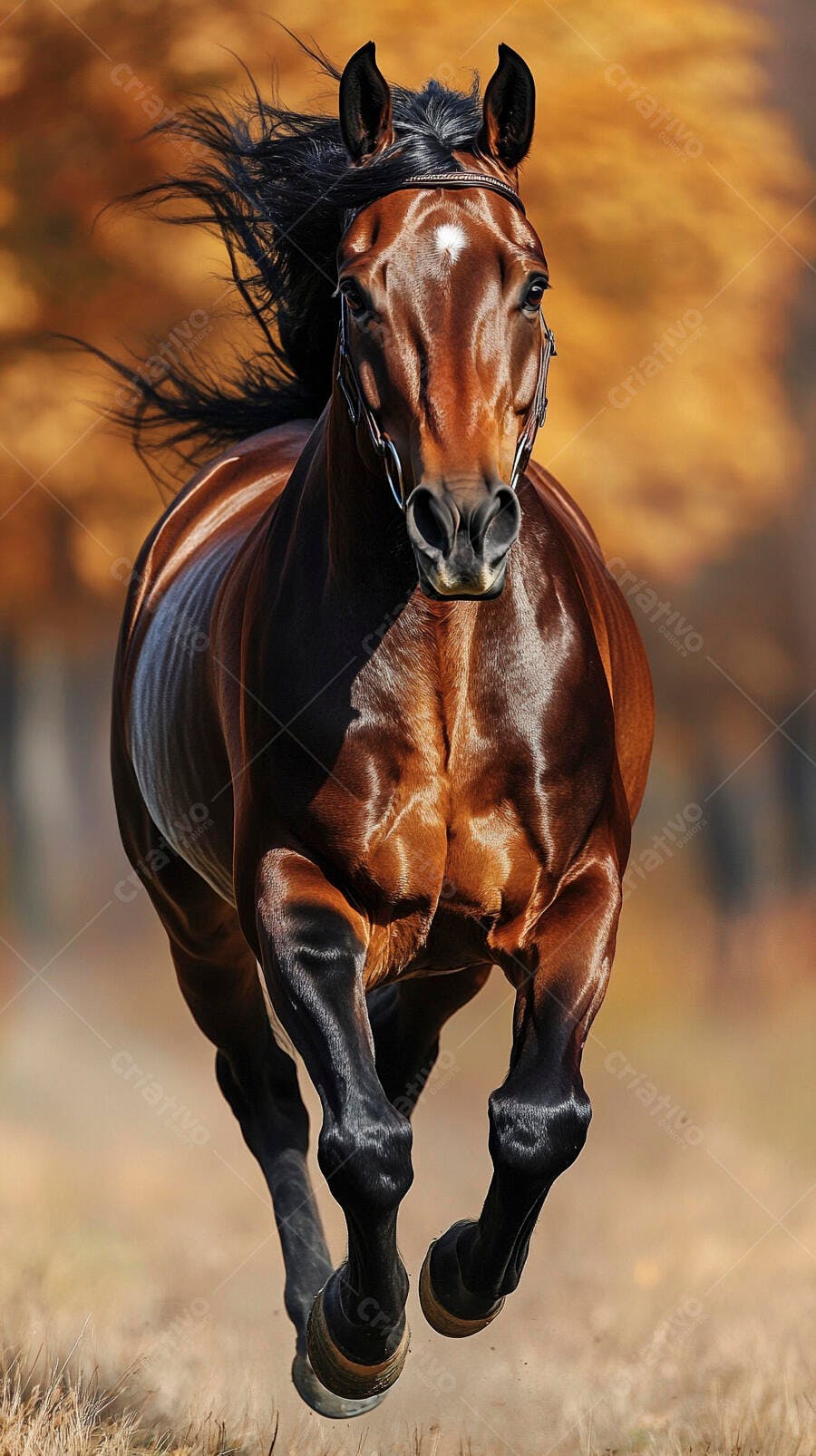 Cavalo baio com crina preta correndo livre em campo de outono