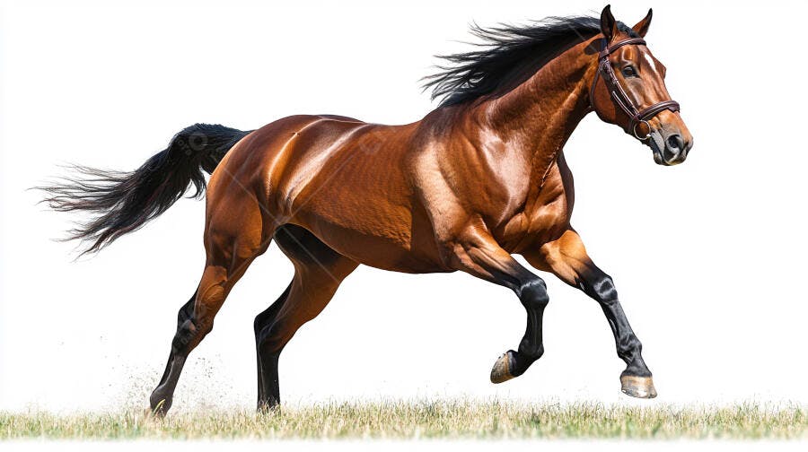 Cavalo castanho correndo livre com crina esvoaçante em fundo branco