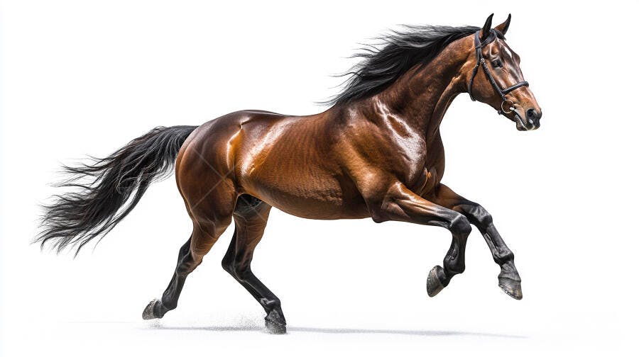 Cavalo marrom galopando rápido com crina esvoaçante em fundo branco