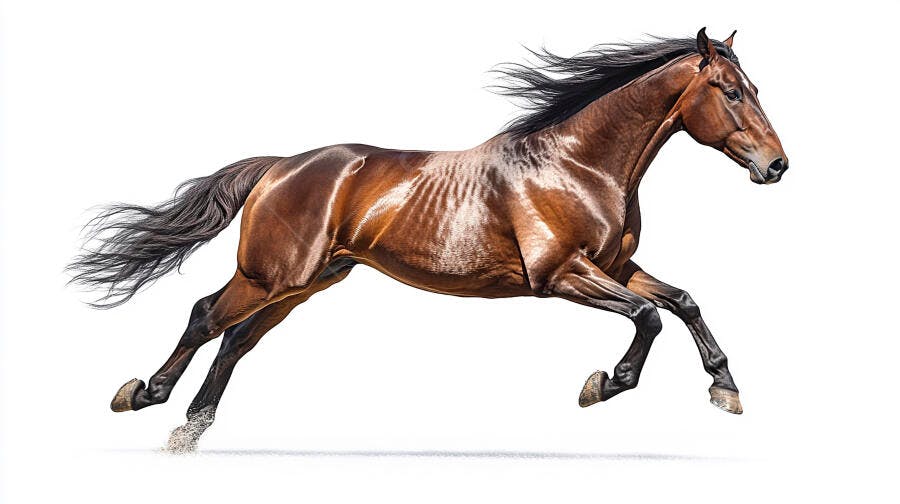 Cavalo marrom galopando com crina ao vento em fundo branco