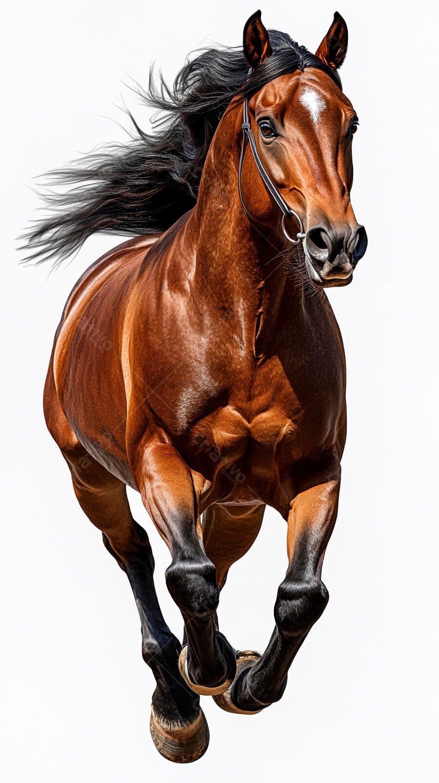 Cavalo marrom correndo com crina esvoaçante em fundo branco