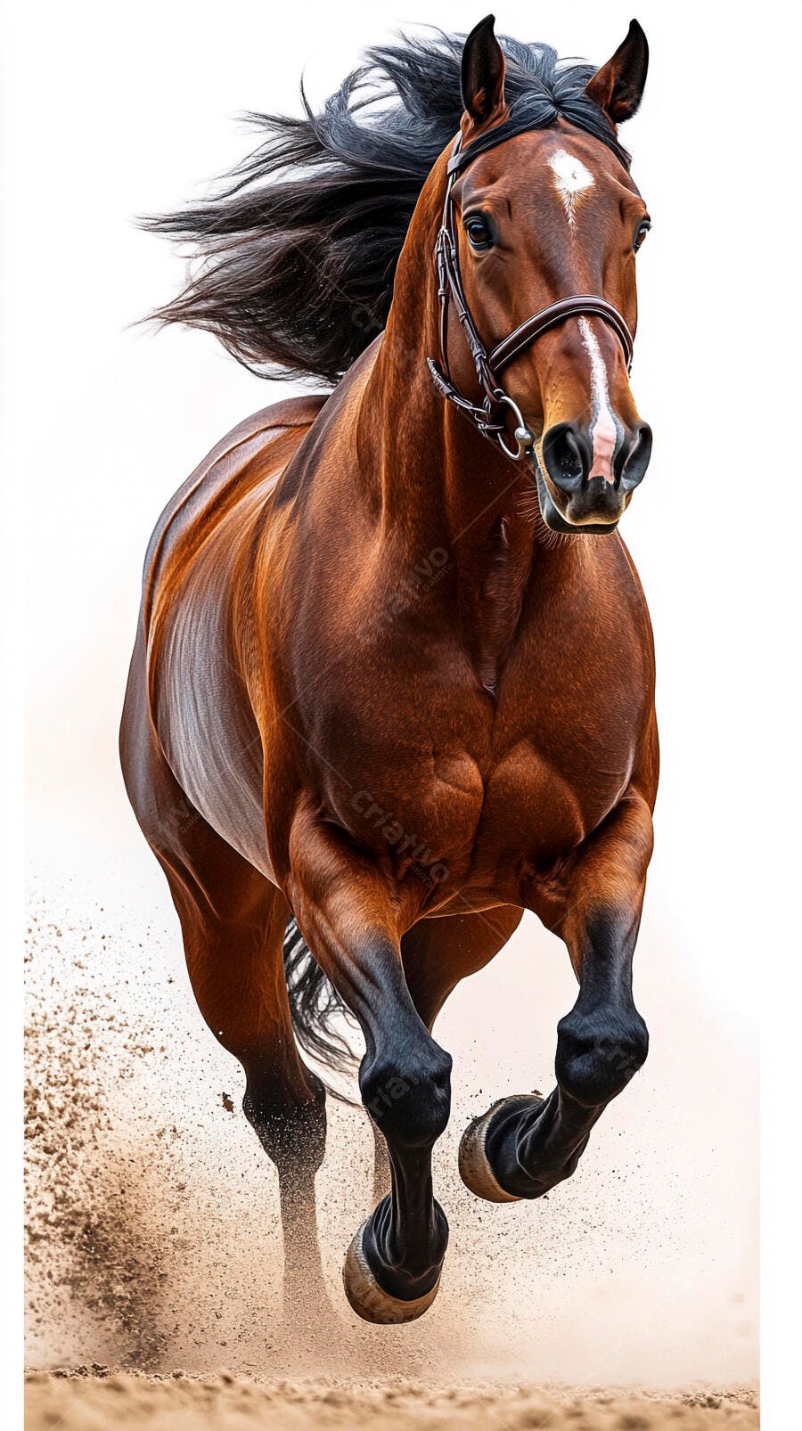 Cavalo marrom musculoso galopando na areia com crina preta esvoaçante