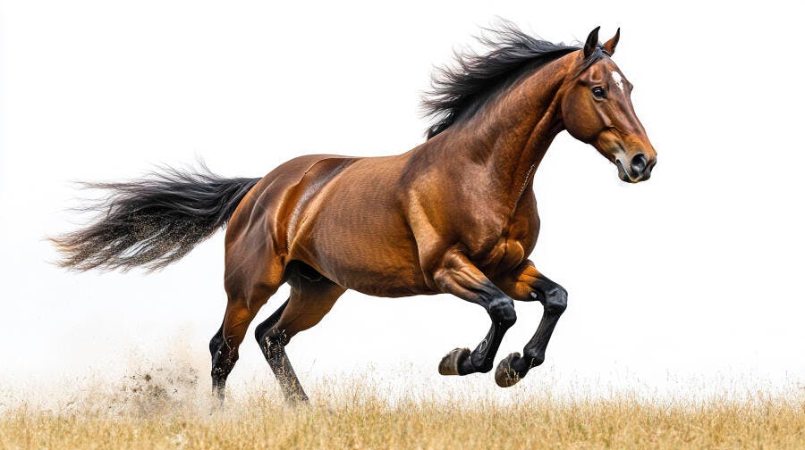 Cavalo baio forte galopando em campo de grama seca