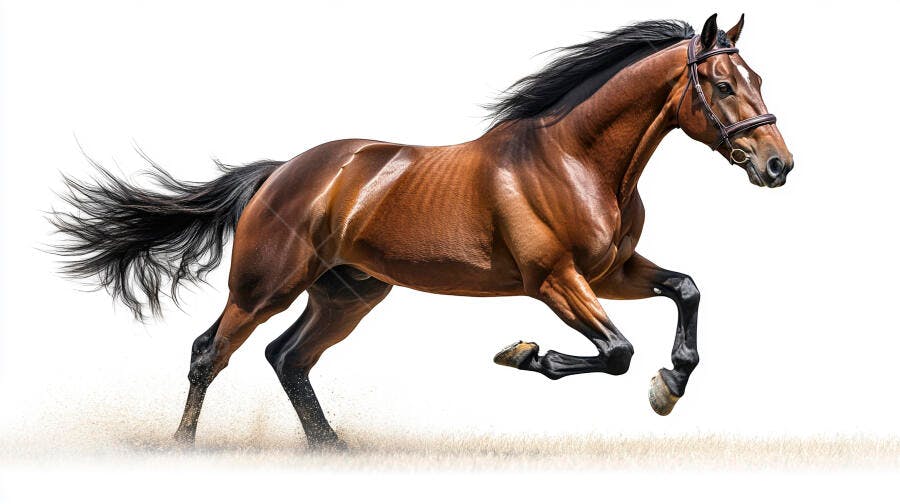Cavalo marrom em galope majestoso com crina esvoaçante em fundo branco