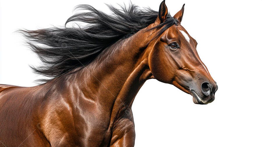 Cavalo marrom com crina preta ao vento e listra branca em fundo branco