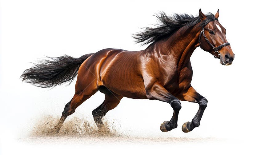 Cavalo marrom baio correndo em alta velocidade levantando poeira no chão