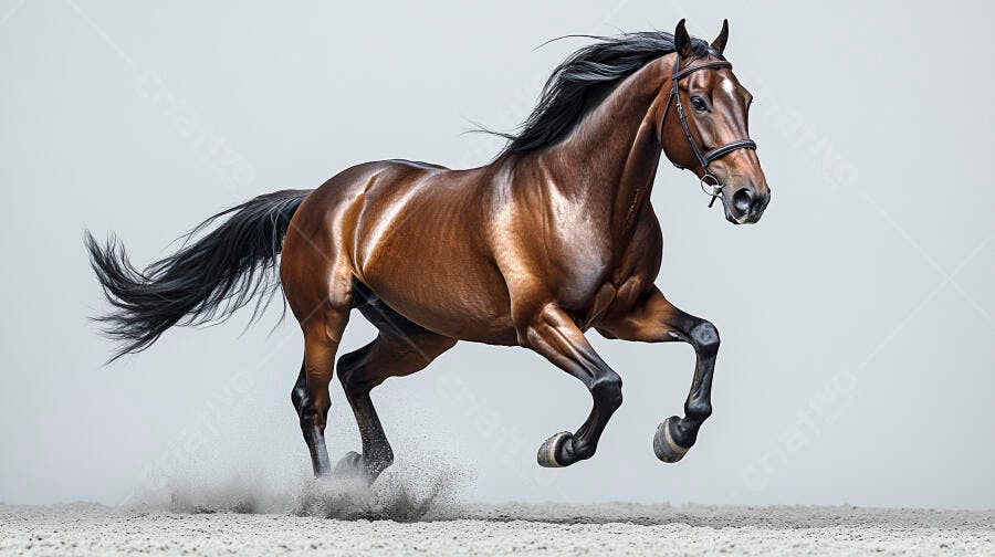 Cavalo marrom galopando com crina fluindo em areia sob fundo cinza claro