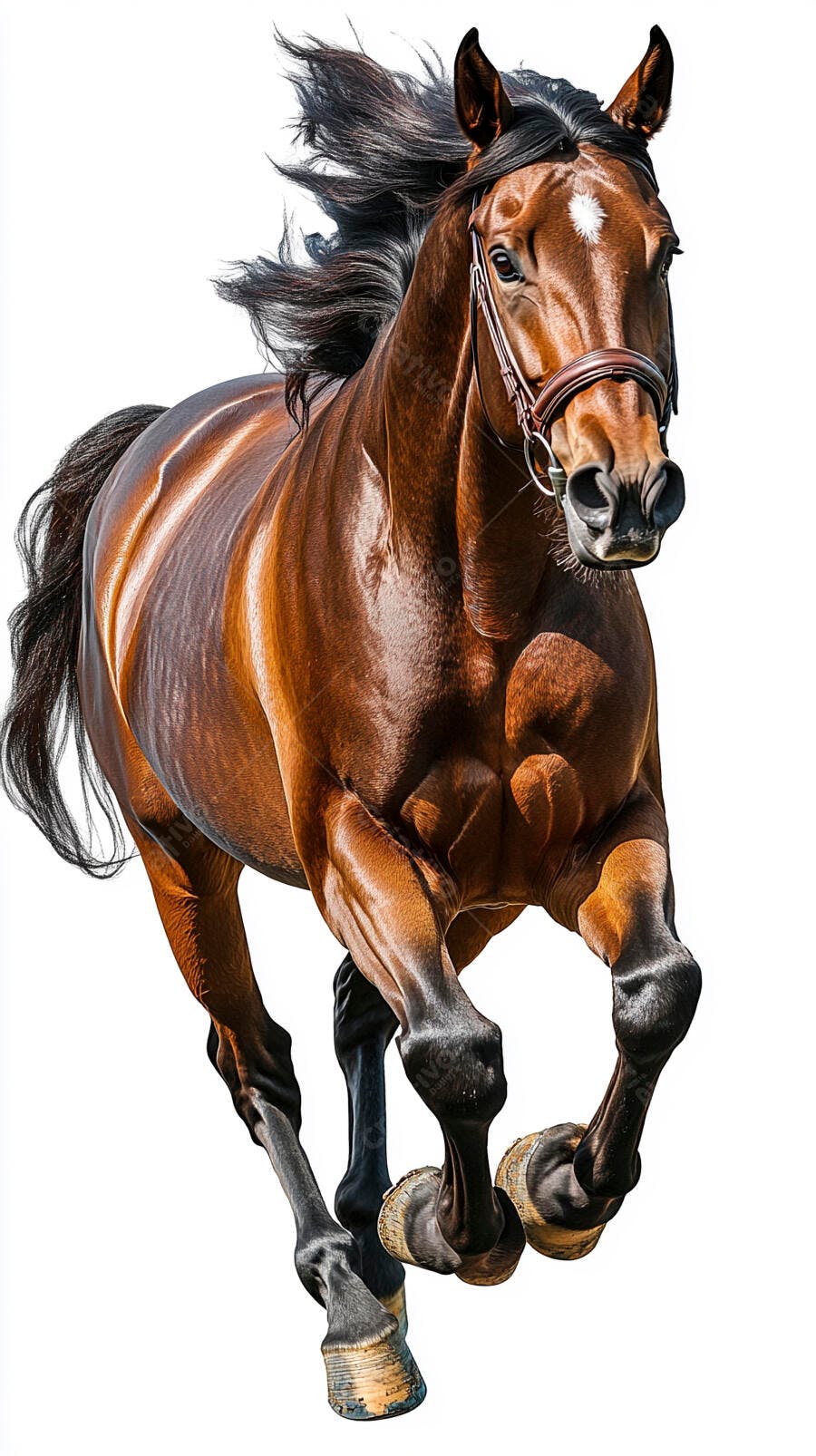 Cavalo marrom galopando isolado em fundo branco