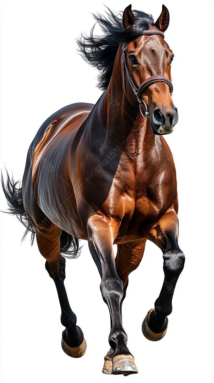 Cavalo marrom correndo com crina ao vento em fundo branco vibrante