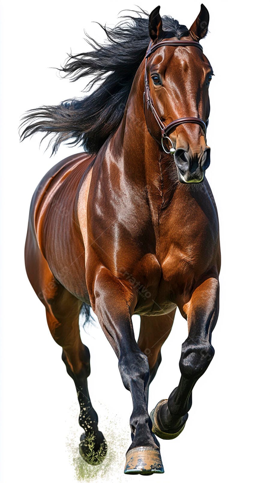 Cavalo baio musculoso correndo com crina ao vento em fundo branco