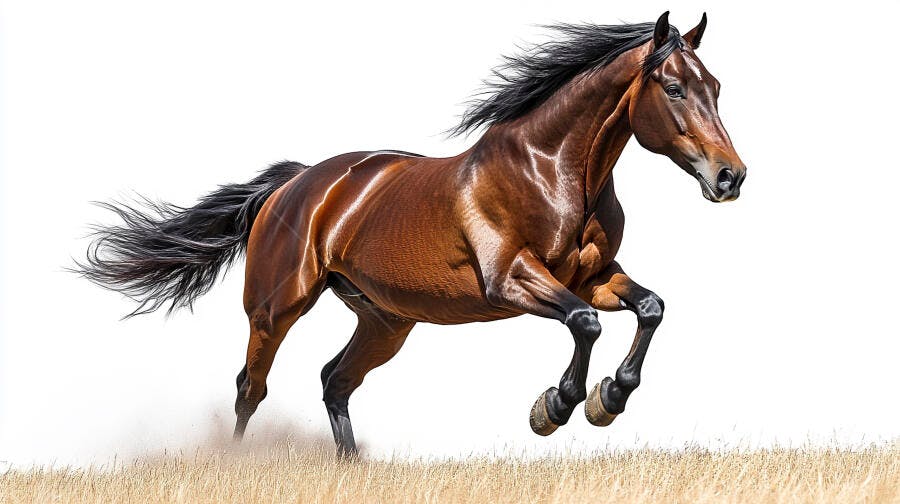 Cavalo castanho correndo em galope no campo levantando poeira com fundo branco