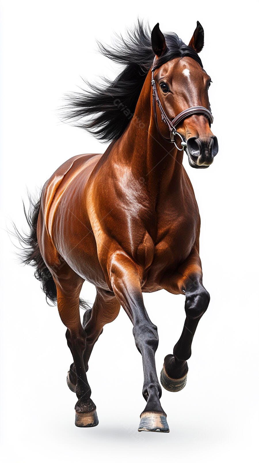 Cavalo marrom galopando com crina preta esvoaçante em fundo branco
