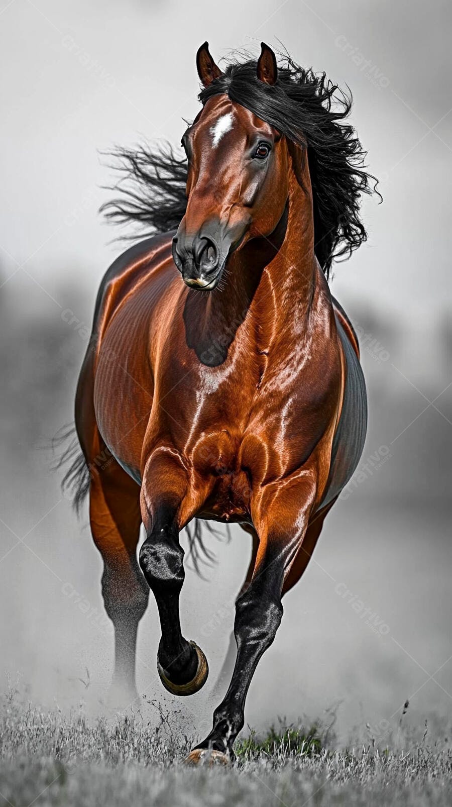 Cavalo marrom avermelhado crina preta galopando em campo aberto levantando poeira