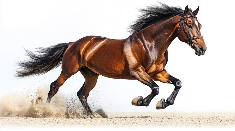Cavalo baio correndo rápido liberando areia em fundo branco