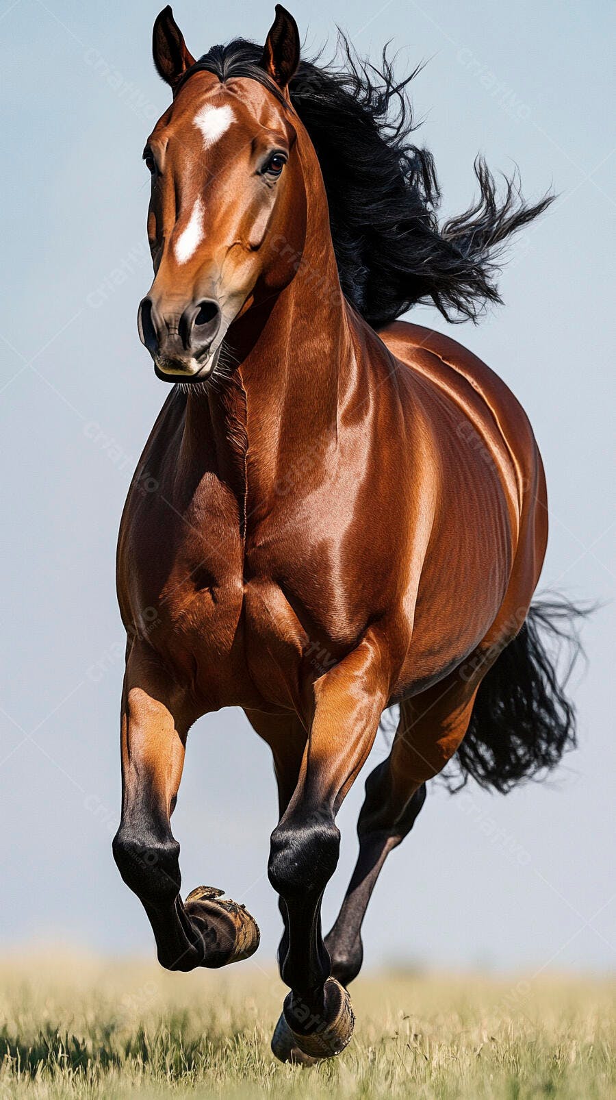 Cavalo marrom robusto correndo em campo aberto sob céu azul claro