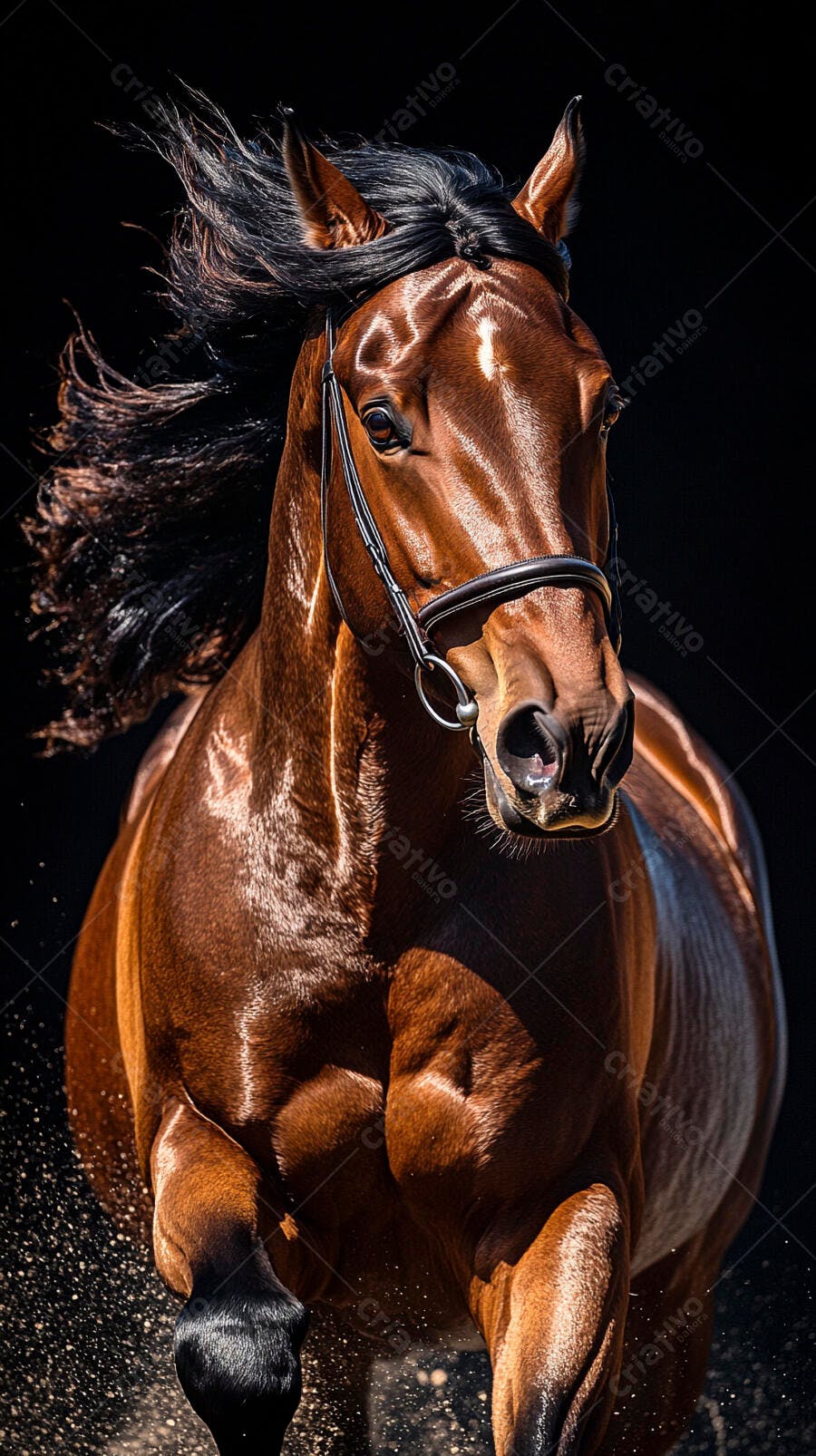 Cavalo marrom galopando com crina esvoaçante e poeira no ar
