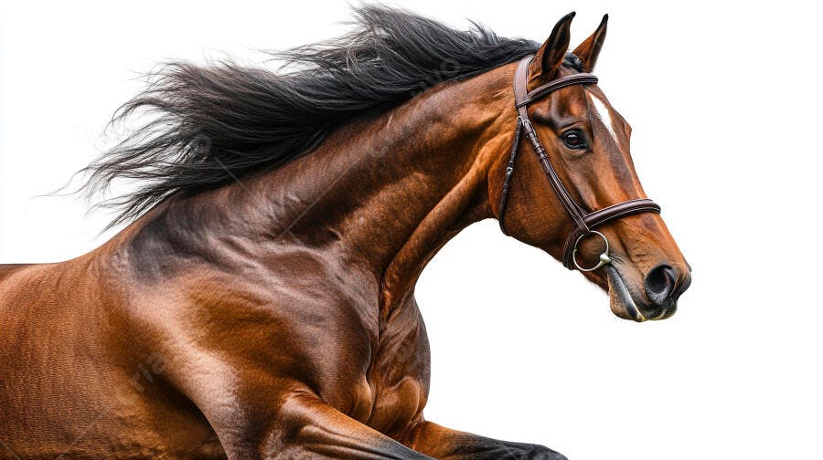 Cavalo marrom correndo com crina esvoaçante e bridão de couro isolado