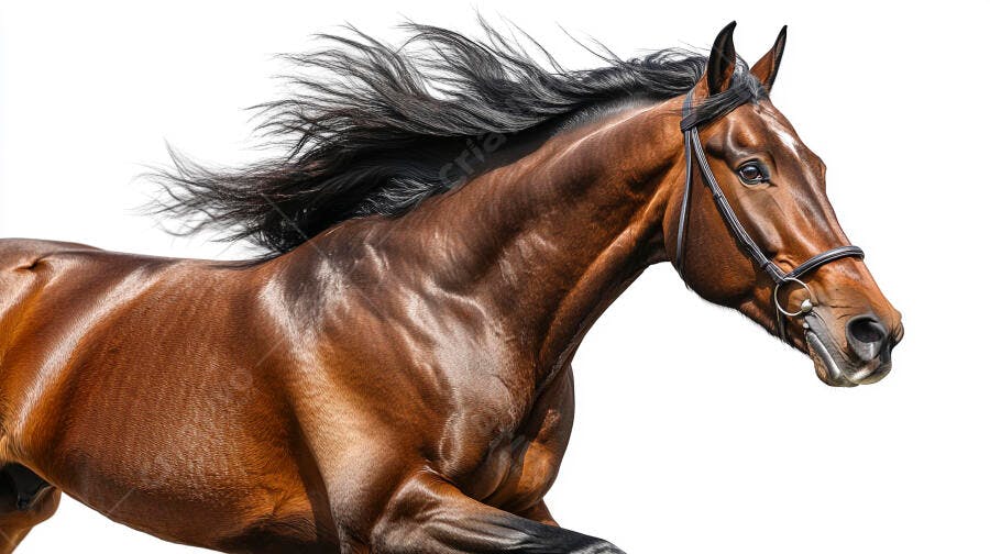 Cavalo castanho galopando com crina esvoaçante em fundo branco