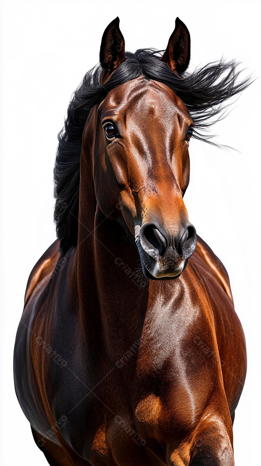 Cavalo castanho vibrante com crina negra ao vento isolado no fundo branco
