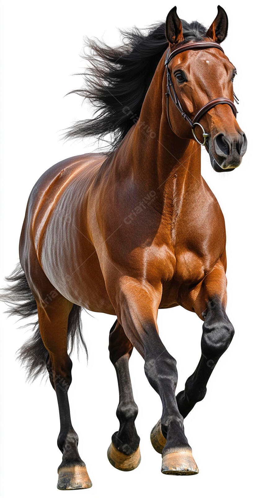 Cavalo castanho correndo com crina ao vento em fundo branco