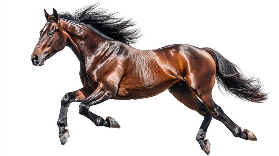 Cavalo marrom poderoso em pleno galope com crina esvoaçante