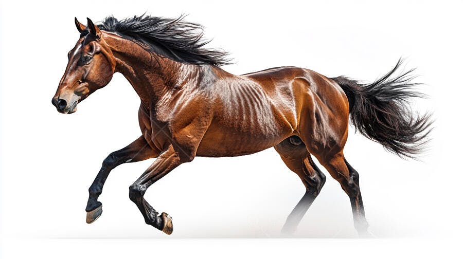 Cavalo marrom correndo com crina preta em galope atlético fundo branco