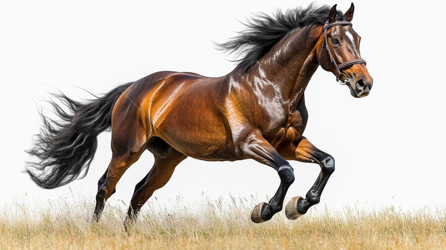 Cavalo castanho galopando com crina ao vento em campo seco