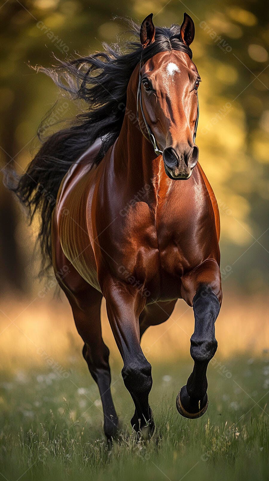 Cavalo baio de crina preta com estrela branca galopando em campo verde ensolarado