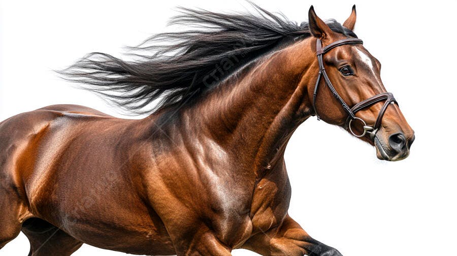 Cavalo marrom galopando com crina ao vento e freio em fundo branco