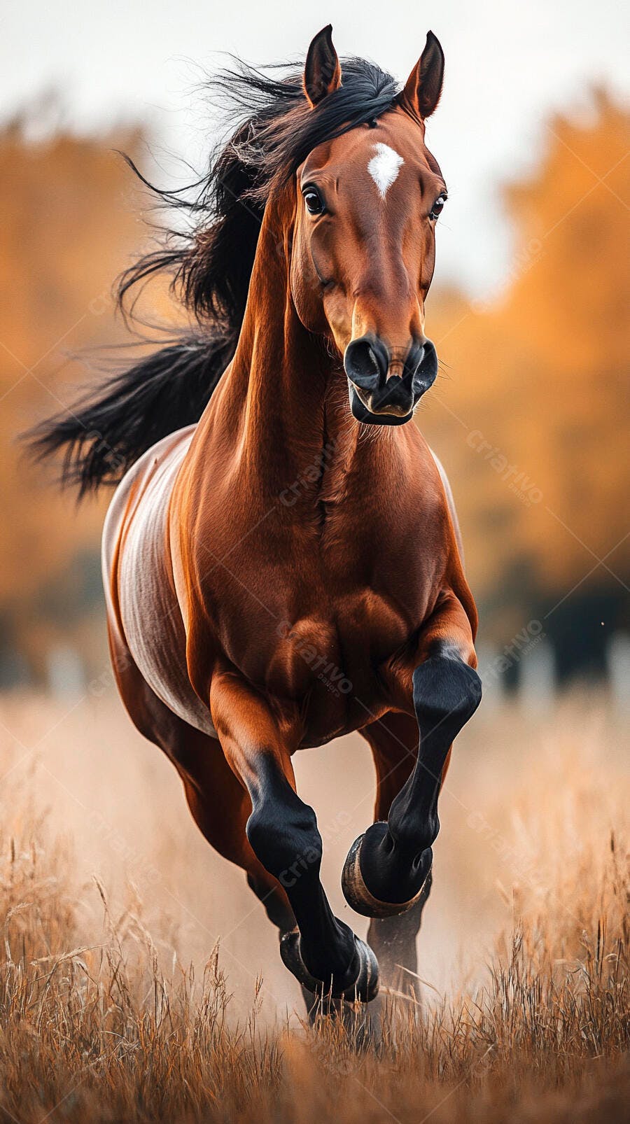 Cavalo marrom vibrante correndo em campo de grama dourada ao entardecer