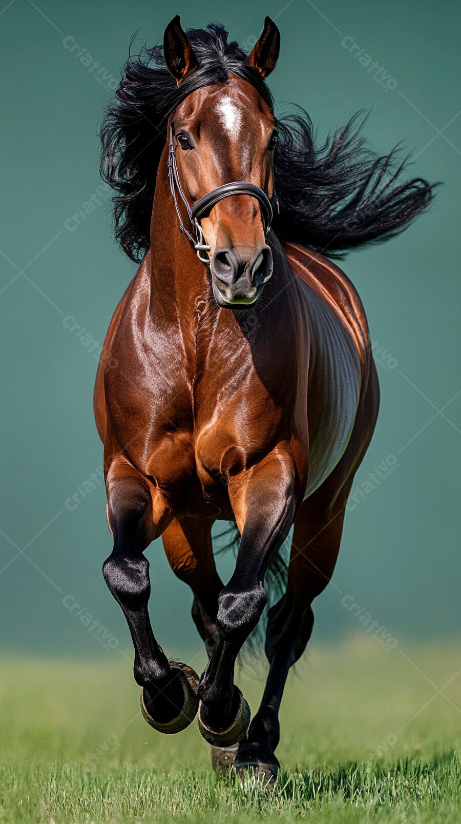 Cavalo marrom correndo em campo verde com crina ao vento