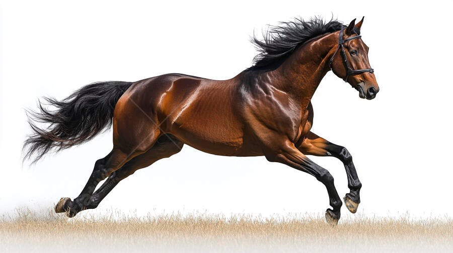 Cavalo marrom correndo com crina ao vento em fundo branco isolado