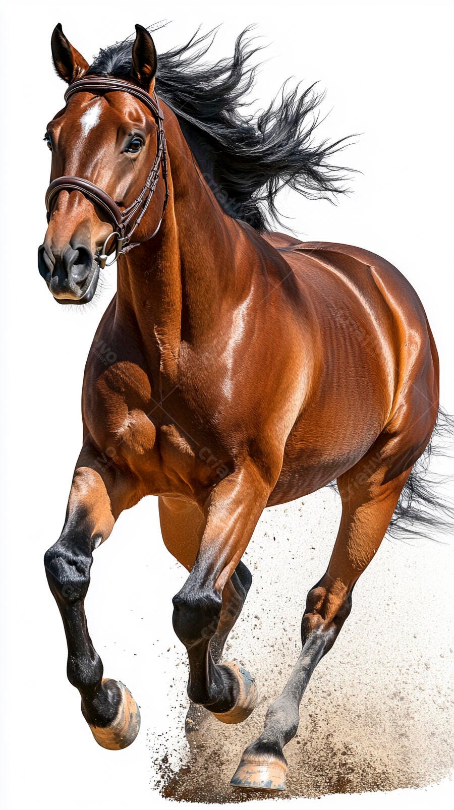 Cavalo marrom correndo vigorosamente com freio e pelagem brilhante em areia