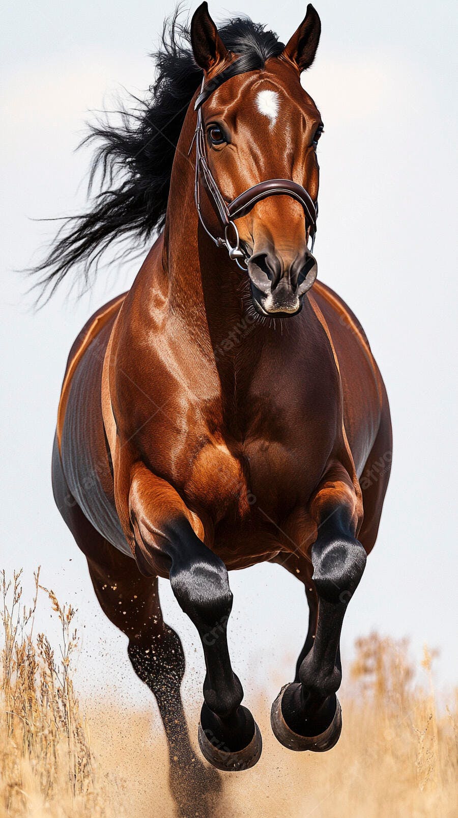 Cavalo castanho atlético com freio galopando em campo com poeira